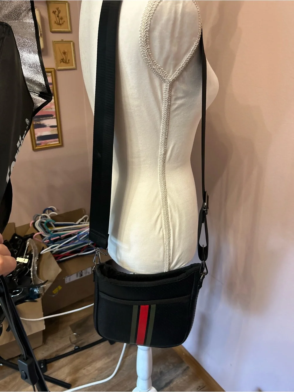 HAUTE SHORE Black Crossbody Messenger with Red & Olive Stripes